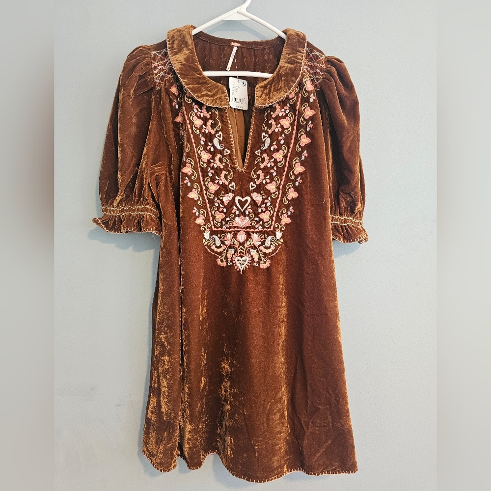 NWT Free People Brown Velvet Embroidered Dress | XS